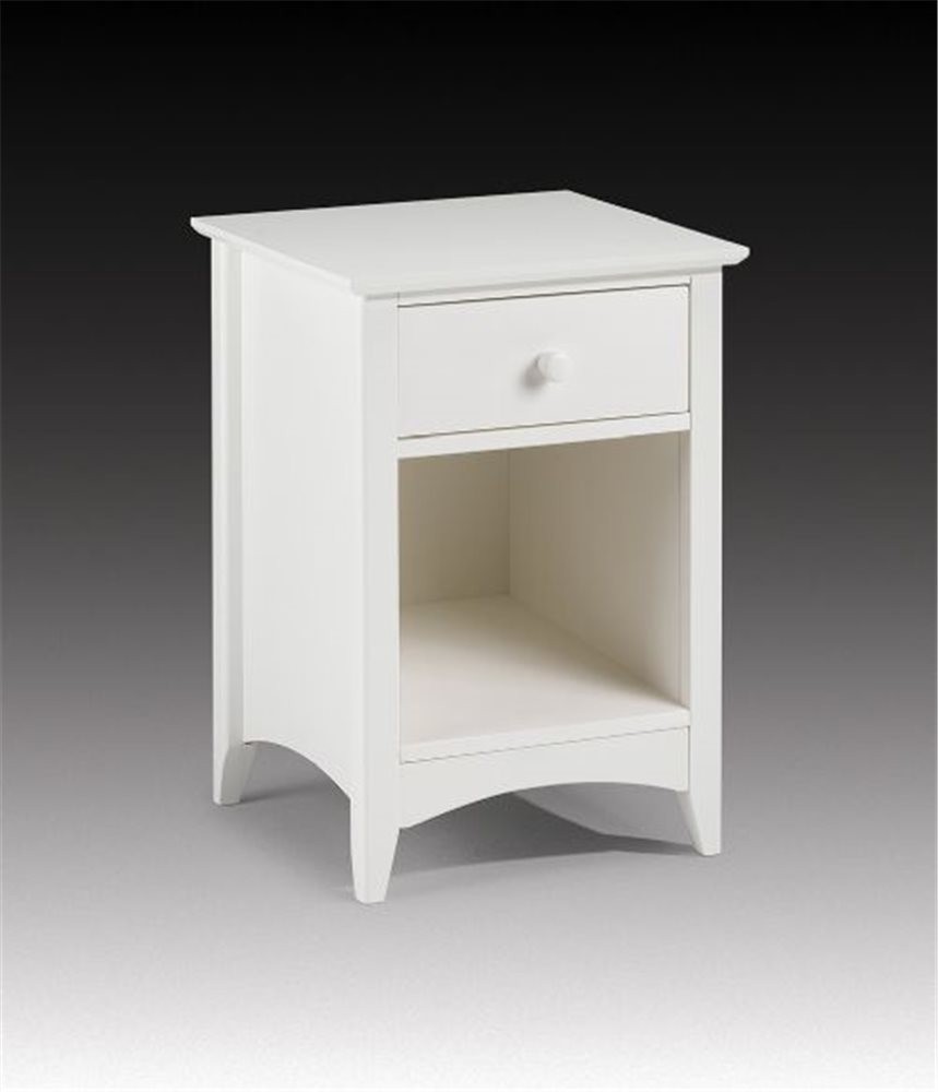 White wooden bedside table featuring one drawer with a round knob and an open shelf below, designed with a simple, modern aesthetic.
