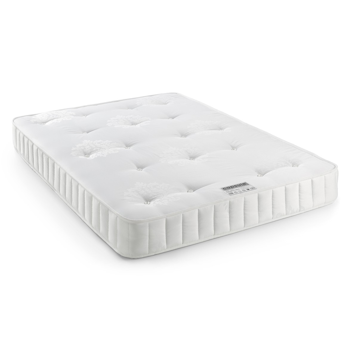 White double mattress with tufted surface, featuring a quilted design and a sturdy border, measuring 135cm x 190cm, ideal for comfort and support.