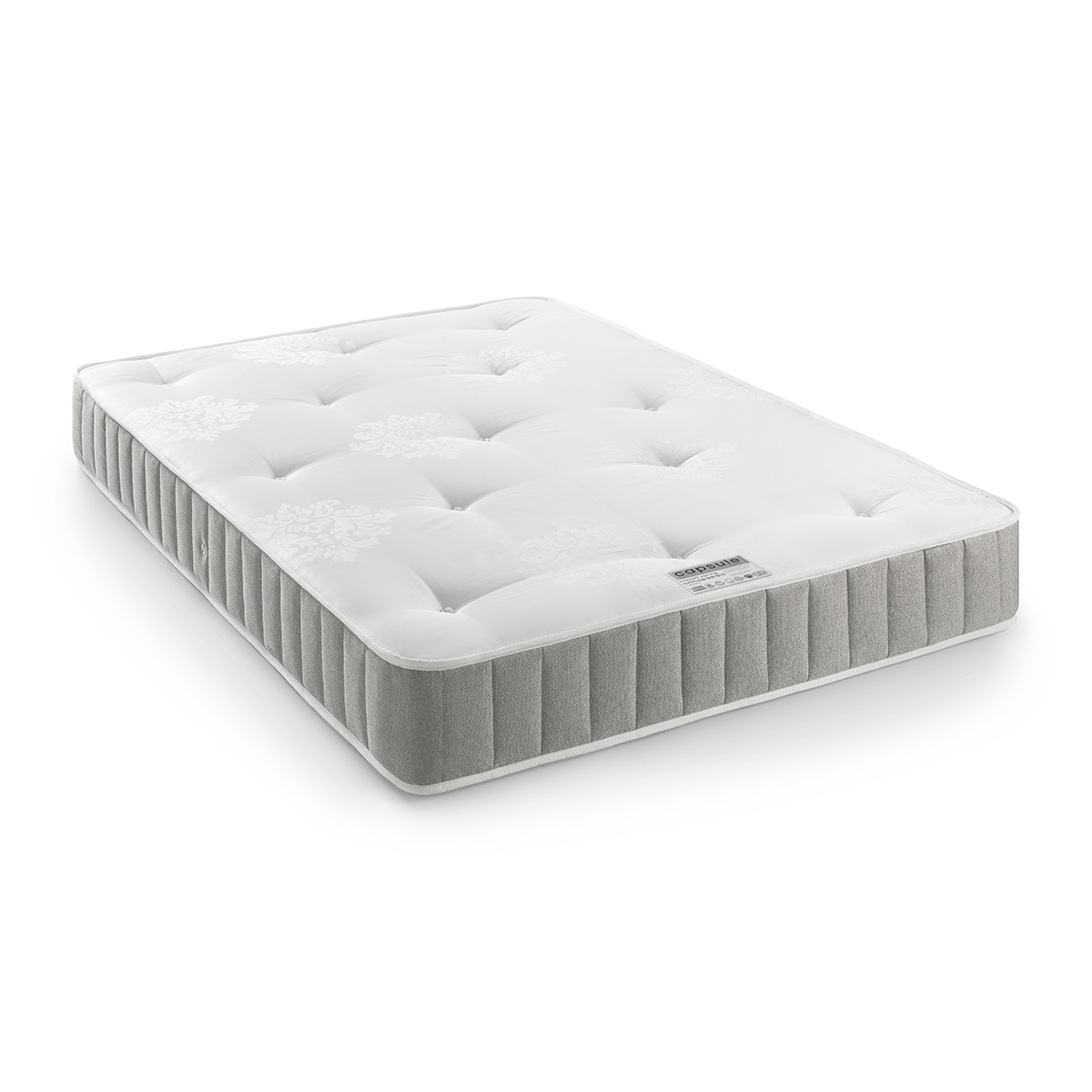 Julian Bowen Capsule Orthopaedic Mattress in king size, featuring a plush white top with floral patterns and a grey striped fabric side, measuring 150cm x 200cm.