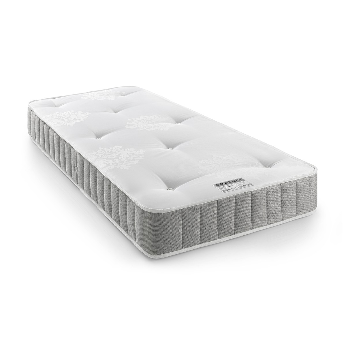 Single orthopaedic mattress measuring 90cm x 190cm, featuring a white quilted top with floral patterns and a grey fabric border with vertical stitching.