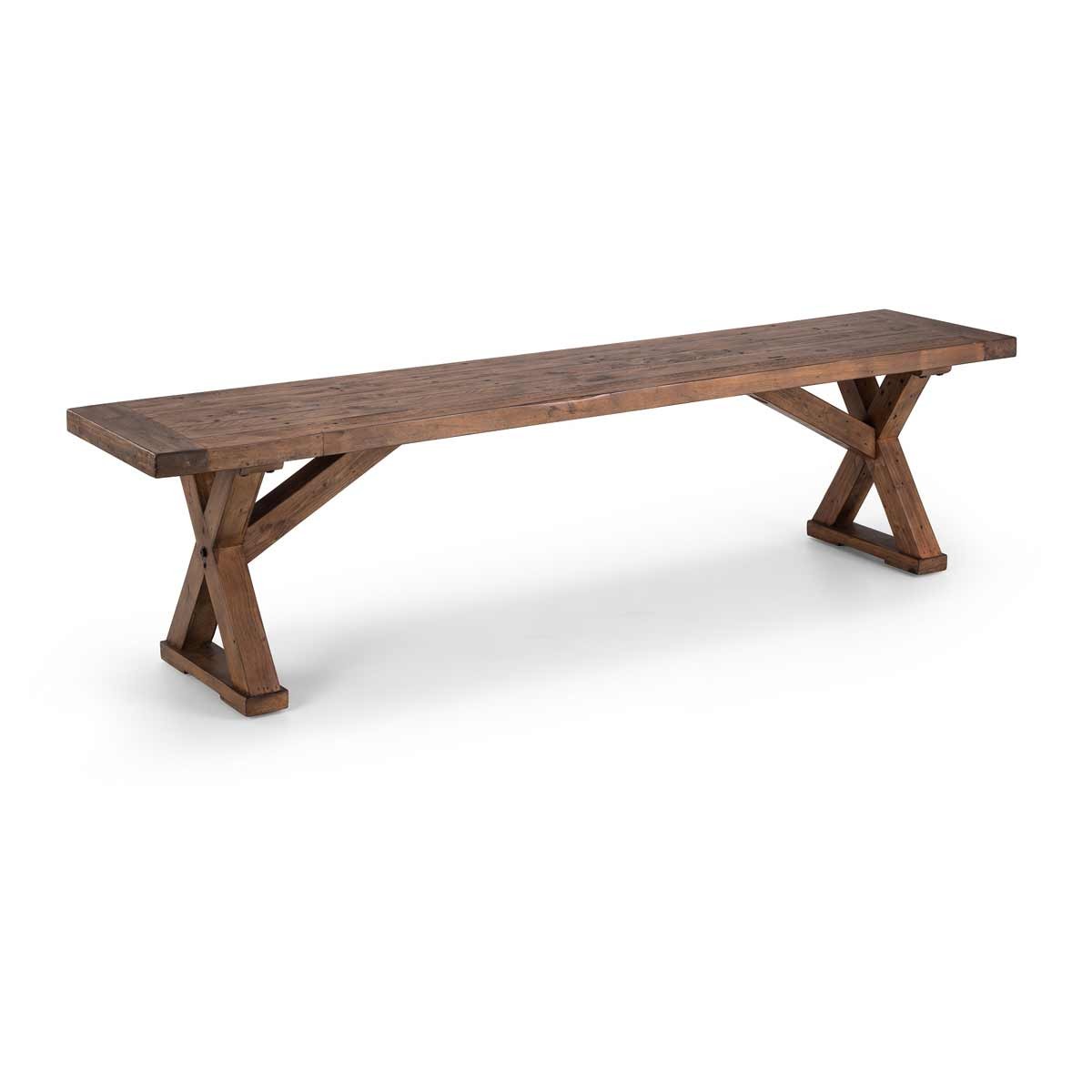 Wooden bench with a rustic finish, featuring a long rectangular top supported by sturdy X-shaped legs, showcasing a warm brown color and a textured surface.