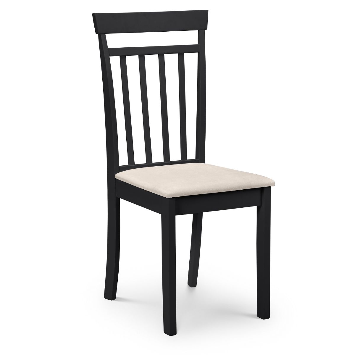 Set of 2 black wooden chairs with a slatted back design and cream upholstered seats, offering a modern and stylish look for any dining space.