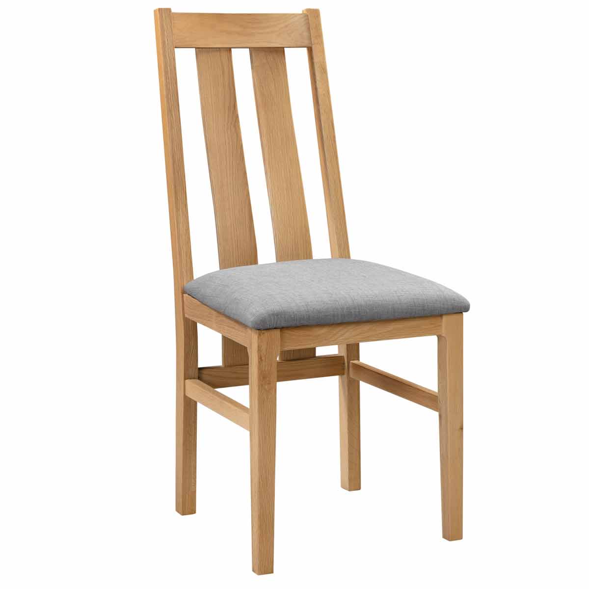 Set of 2 Cotswold dining chairs featuring a light oak frame with a slatted back and a grey fabric seat cushion for comfort.