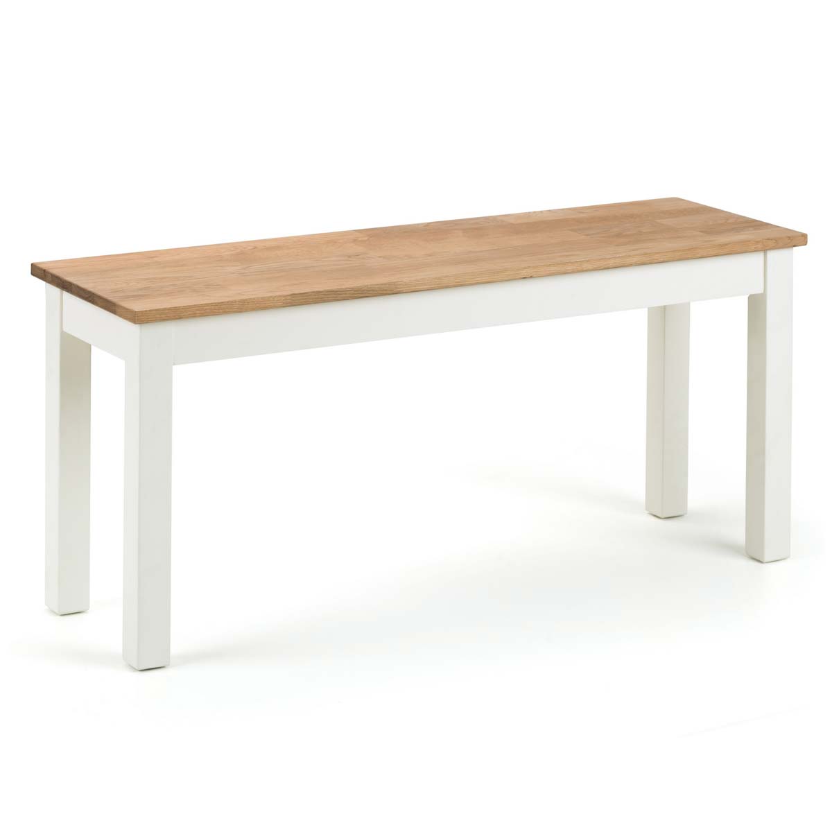 Coxmoor bench featuring a natural oak top and a sleek ivory-painted base, designed with clean lines for a modern aesthetic.