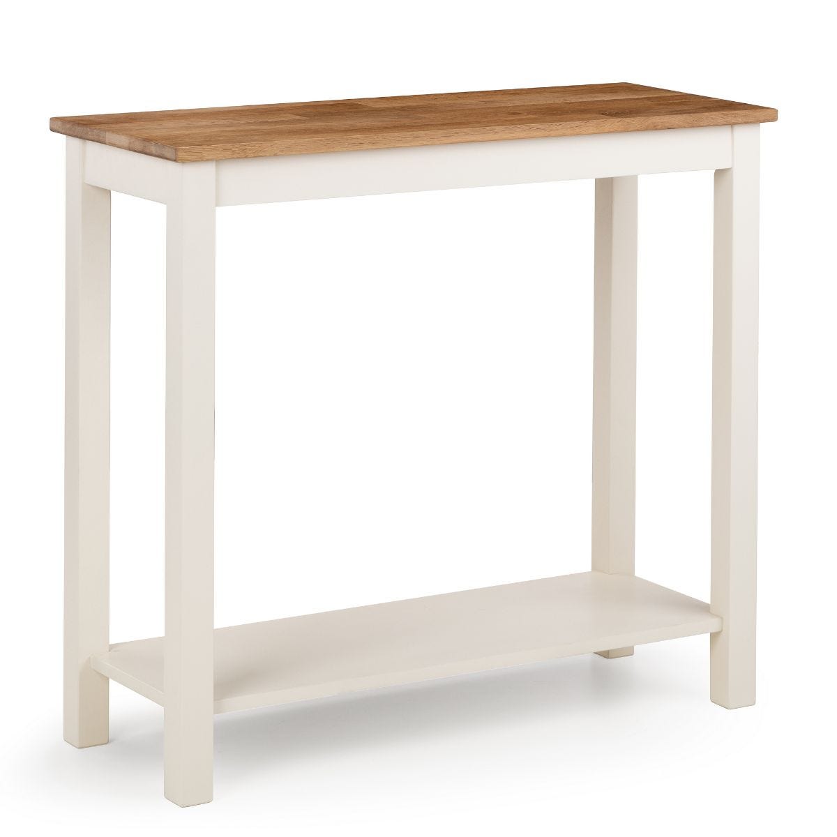 Coxmoor console table features a 90cm oak top with a natural finish, complemented by an ivory-painted base and a lower shelf for additional storage.
