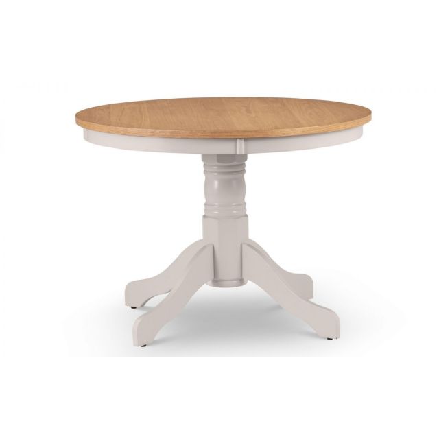 Round dining table featuring a natural oak top and a sturdy elephant grey base with a decorative pedestal and four curved legs.