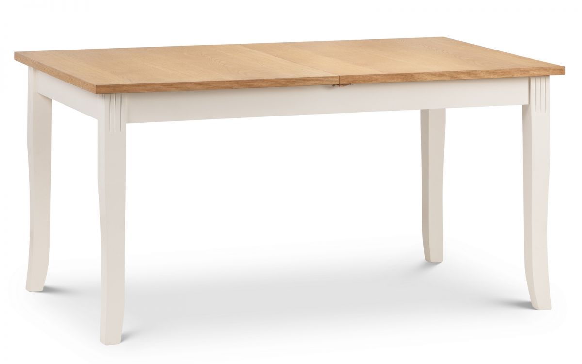 Extending dining table featuring a light oak top and ivory oak legs, showcasing a classic design with subtle detailing and a smooth finish.