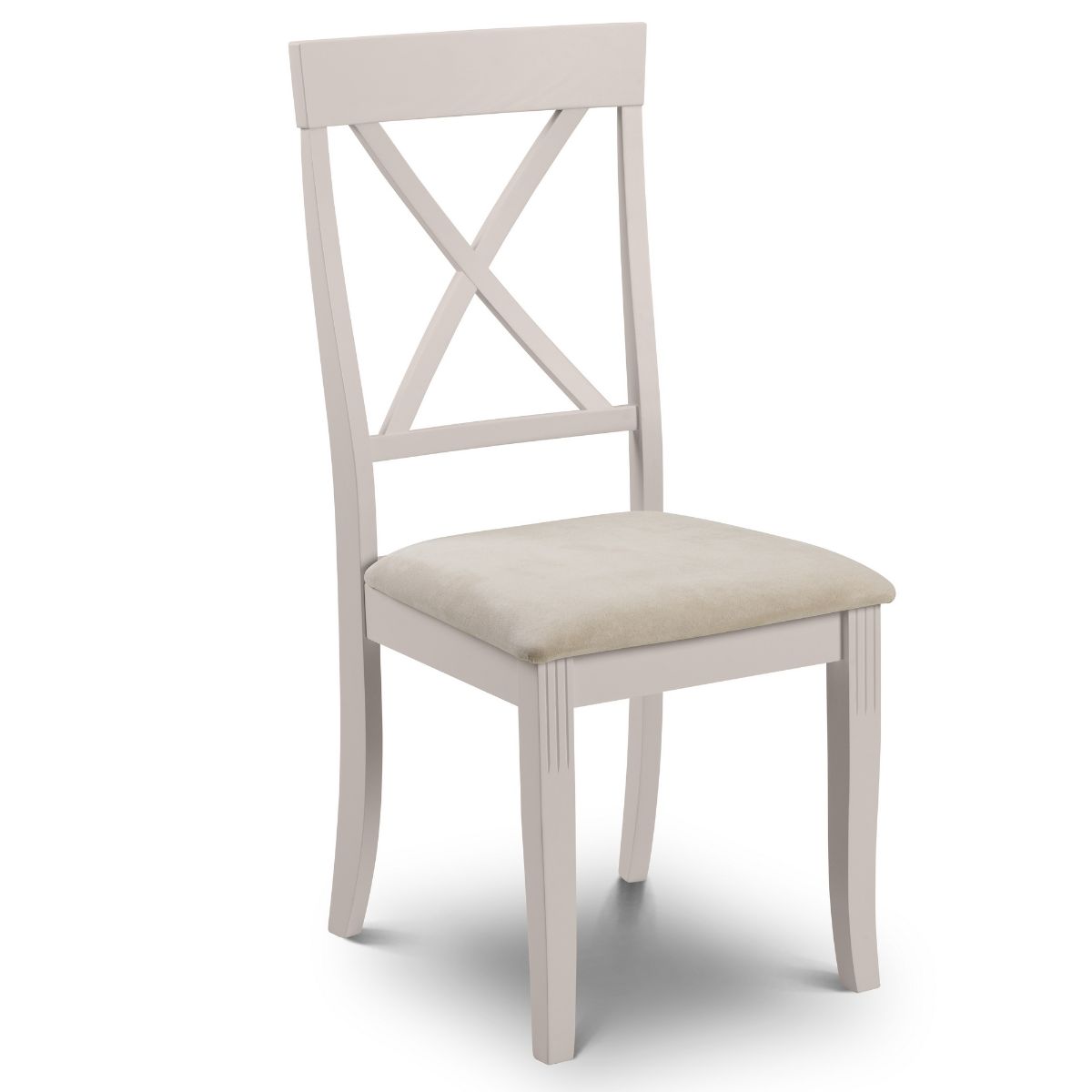 Set of 2 Davenport dining chairs in elephant grey with a cream upholstered seat, featuring a cross-back design and elegant tapered legs.