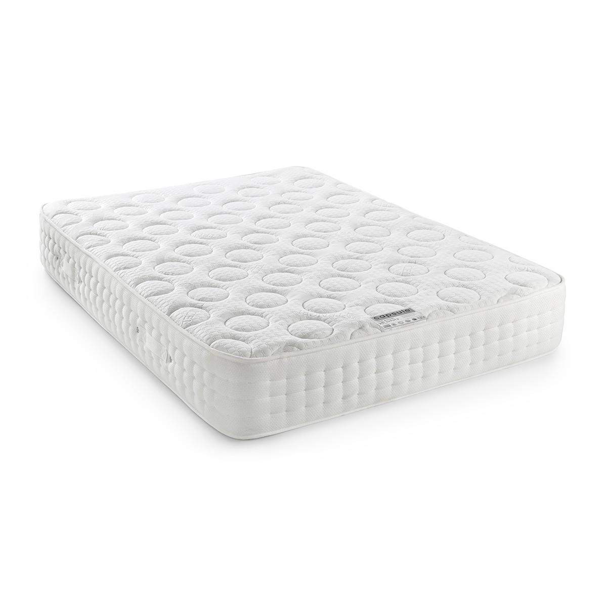 White double mattress featuring 1500 pocket springs and gel hybrid cooling technology, with a quilted surface and circular pattern for added comfort.
