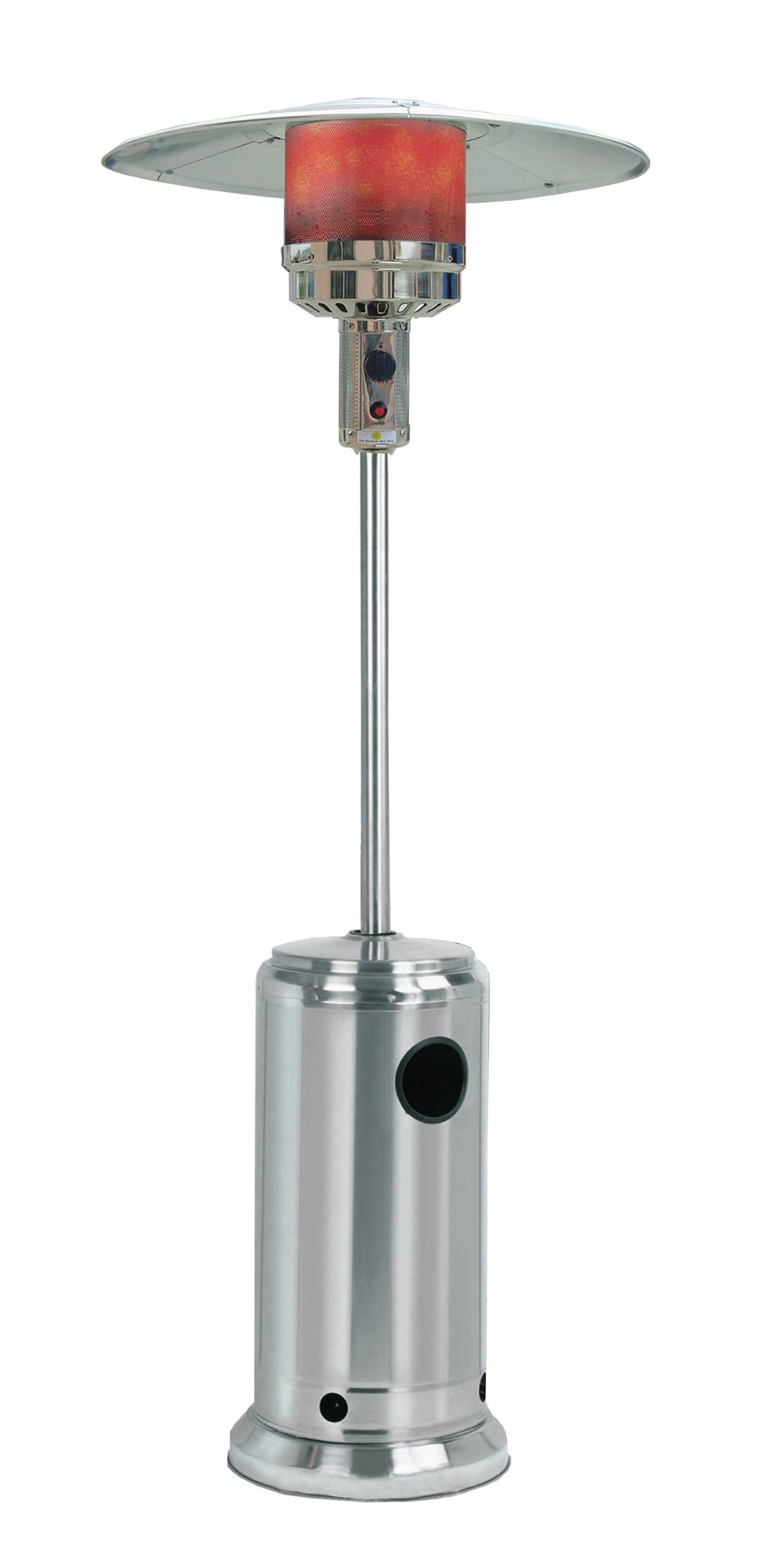 Stylish chrome patio heater with a cylindrical base, tall pole, and a large circular top, featuring a glowing orange heating element underneath.