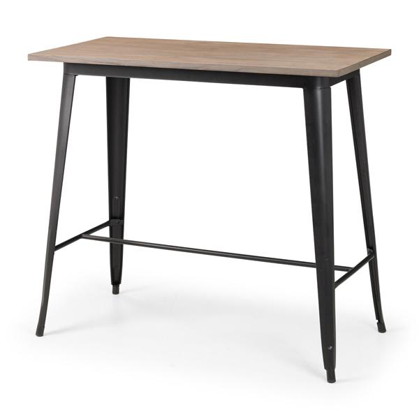 Stylish bar table featuring a light wood top and black metal legs, with a sleek design and a footrest bar for added support.