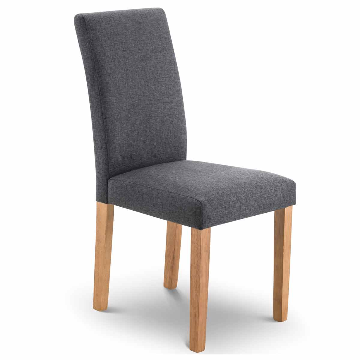 Set of 2 grey fabric dining chairs with a tall back and light wood legs, offering a modern and stylish design suitable for various dining spaces.