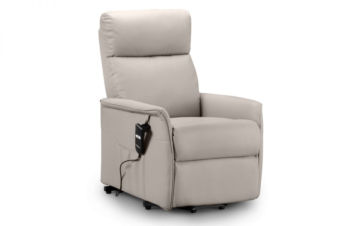 Pebble faux leather rise and recline chair featuring a high back, padded seat, and side control panel for adjustable positioning.