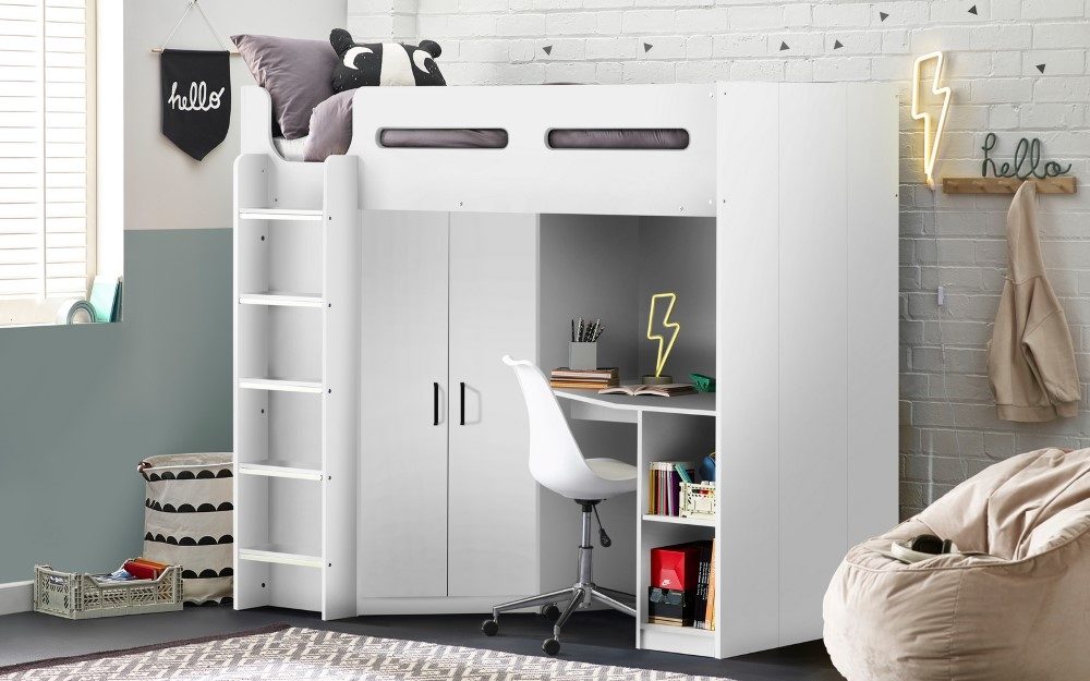 High sleeper bed in white finish with a ladder, underneath features a desk with shelves, a cozy nook, and decorative elements like a bear cushion and wall art.