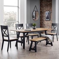 Stylish dining set featuring a light wood tabletop with a natural finish, black wooden chairs with cross-back design, and a matching bench, set against a modern urban backdrop.