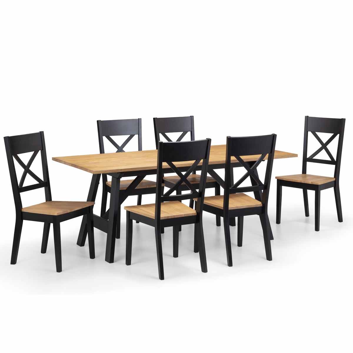 Set of two Hockley dining chairs featuring a black frame and oak seat, with an X-back design, complementing a wooden dining table in a modern setting.