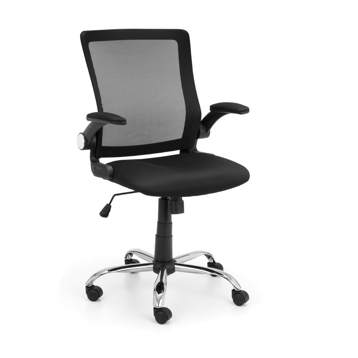 Black and chrome office chair featuring a mesh back, padded seat, adjustable height, and rolling wheels for mobility.