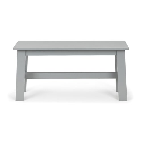 Grey wooden bench with a simple rectangular top and sturdy legs, featuring a lower support beam for added stability.