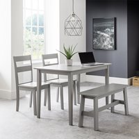 Stylish grey dining set featuring a rectangular table, two matching chairs, and a bench, complemented by a geometric pendant light and a potted plant.