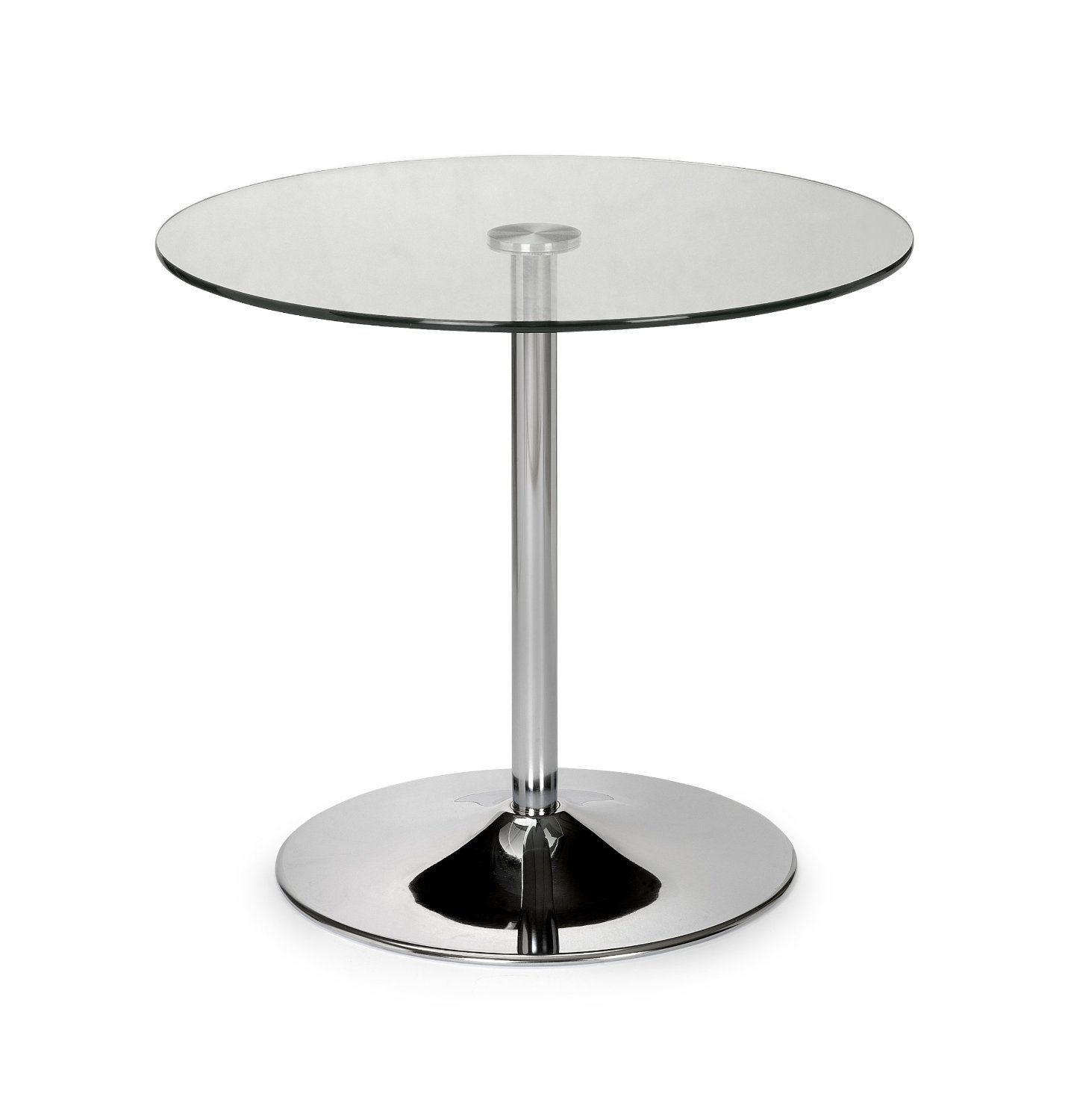 Round dining table with a clear glass top, supported by a sleek chrome pedestal base, featuring a modern and minimalist design, measuring 80cm in diameter.
