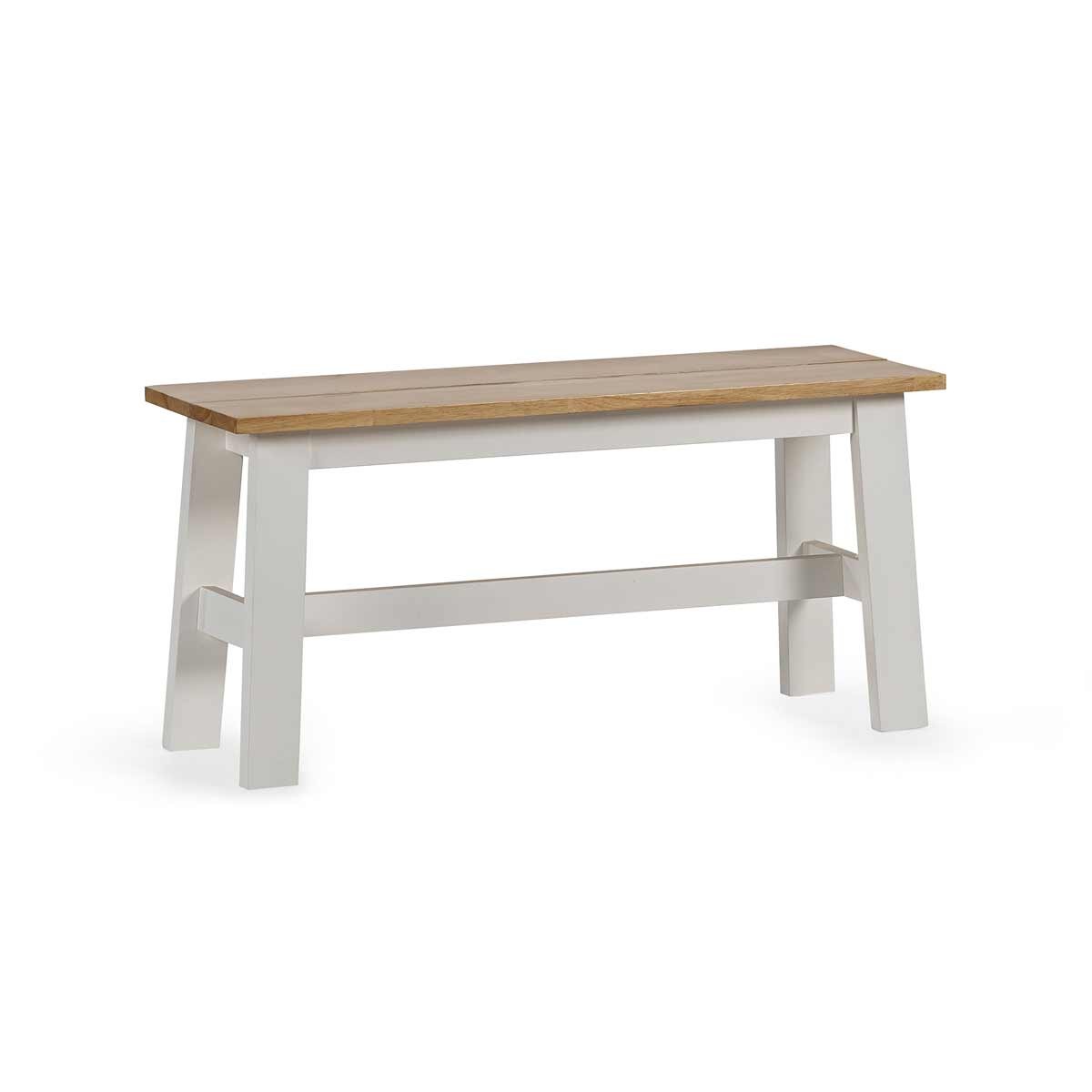 Small bench featuring a natural wood top and white painted legs, designed with a simple, modern aesthetic suitable for various decor styles.