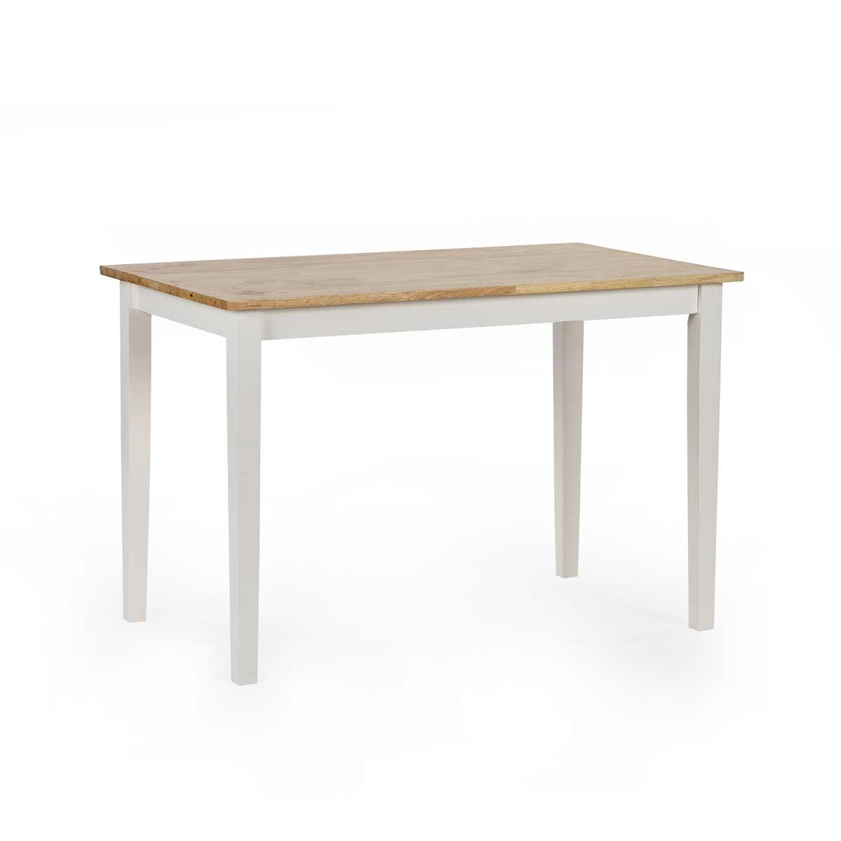 Small dining table featuring a natural wood top and white legs, showcasing a contemporary design ideal for compact spaces.