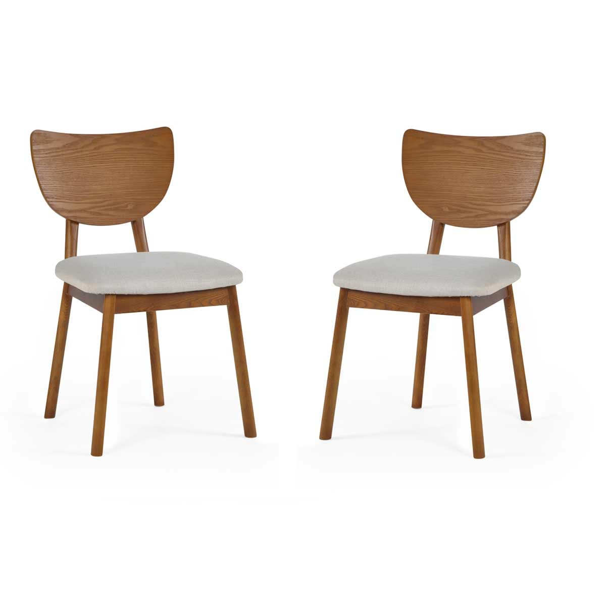 Set of 2 Lowry dining chairs featuring a brown wooden frame, curved backrest, and light grey upholstered seats, designed for modern dining spaces.
