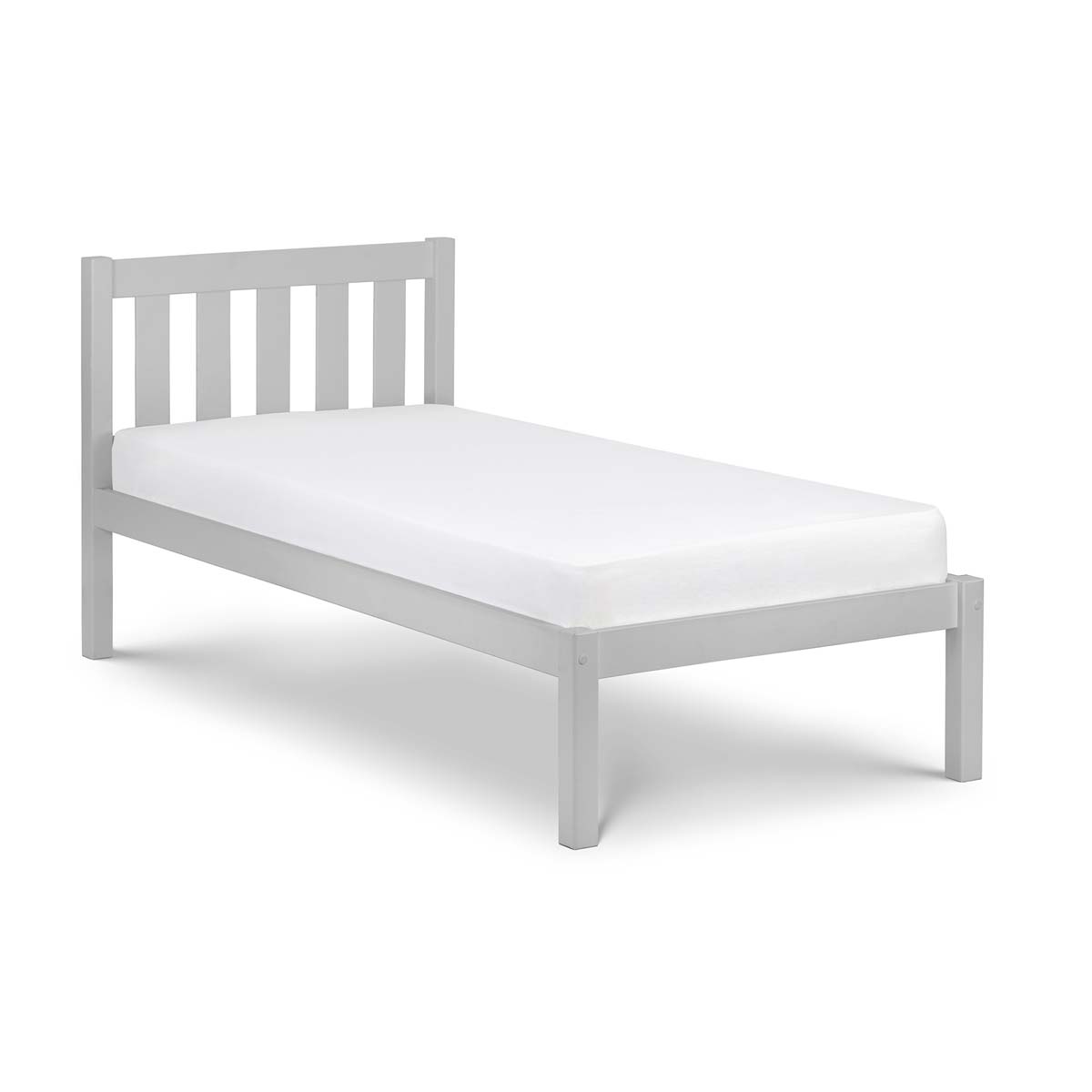 Dove grey wooden double bed with a slatted headboard and a simple, modern design, featuring a sturdy frame and a white mattress.