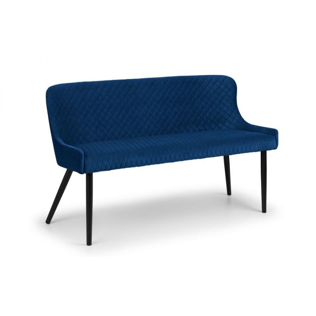 Luxe high back bench in deep blue velvet with a diamond quilted pattern, featuring sleek black wooden legs for a modern touch.