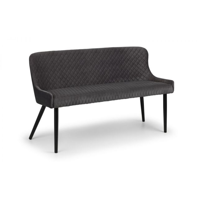 Grey high back bench with a quilted velvet upholstery and sleek black legs, offering a modern and stylish seating option.