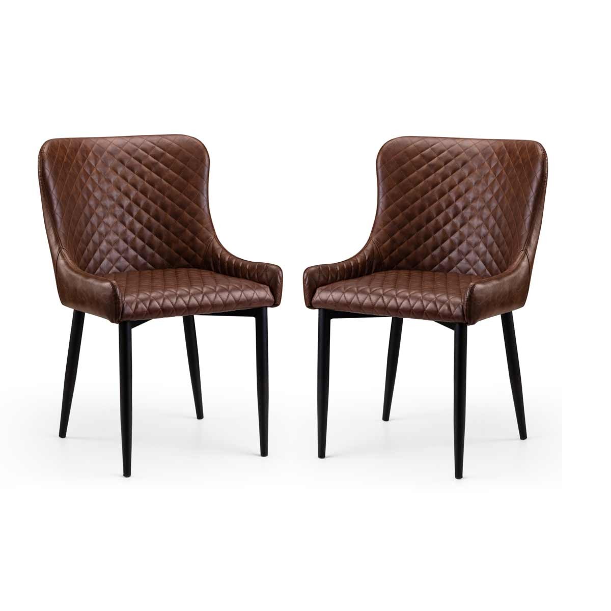 Set of 2 Luxe faux leather dining chairs in rich brown with diamond quilted pattern and sleek black legs, offering a stylish and modern seating option.
