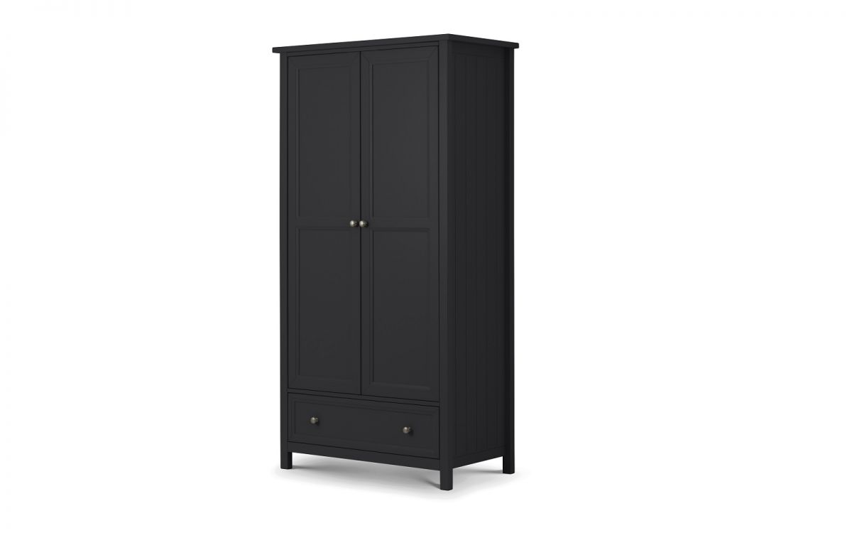Tall anthracite wardrobe with two doors featuring vertical paneling, brass knobs, and a lower drawer, crafted from sturdy materials for a modern, stylish look.