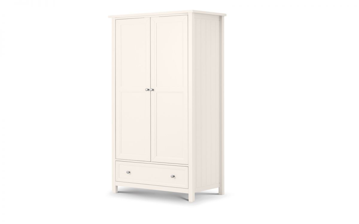 Stylish surf white wardrobe featuring two doors with vertical paneling and a lower drawer, crafted from durable materials for a modern, clean look.