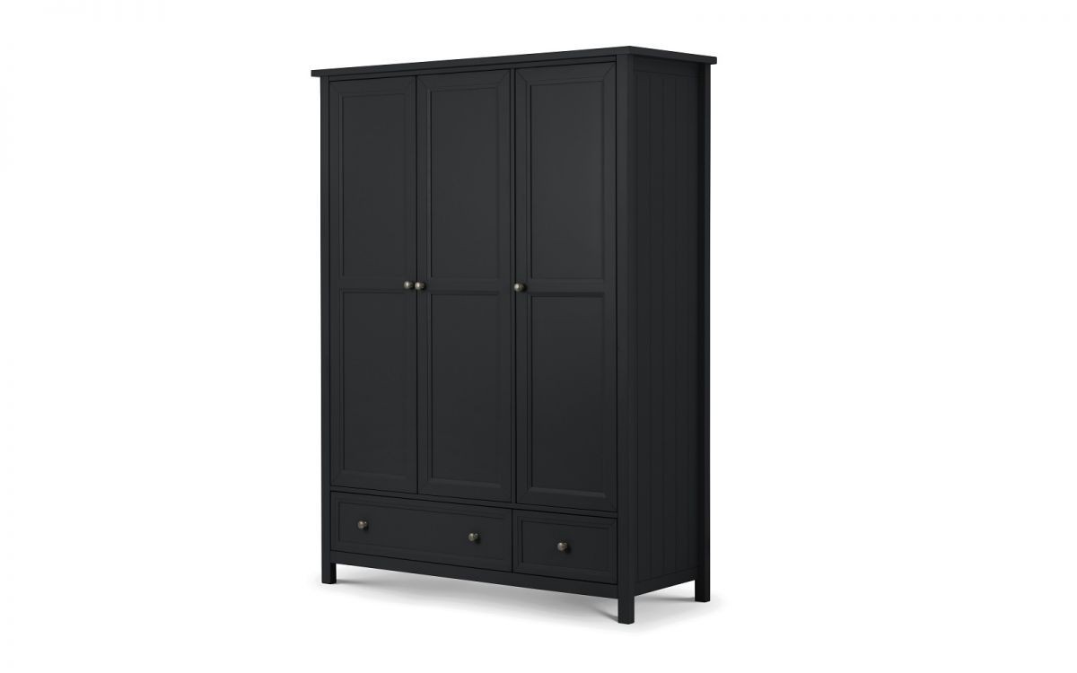 Three-door wardrobe in anthracite finish, featuring a sleek design with panelled doors, two lower drawers, and round black knobs, made from durable materials.