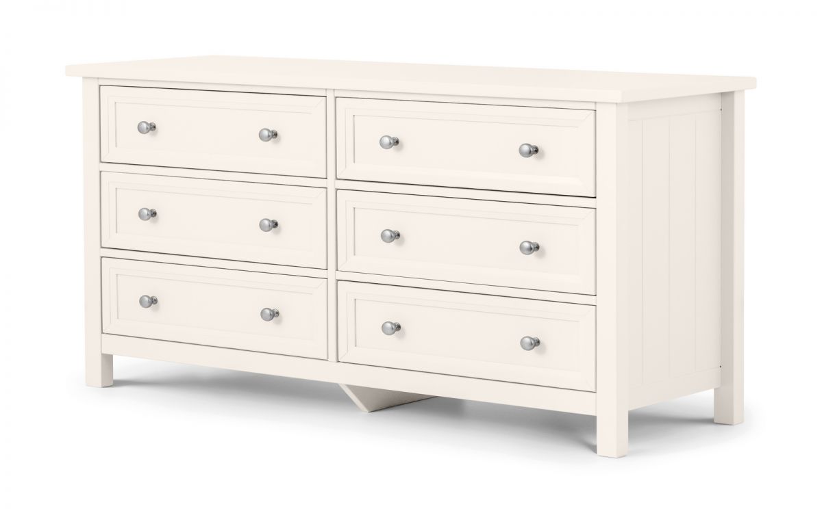 Julian Bowen Maine 6 Drawer Wide Chest in Surf White features a sleek design with six spacious drawers and silver knobs, crafted from durable materials with a smooth finish.