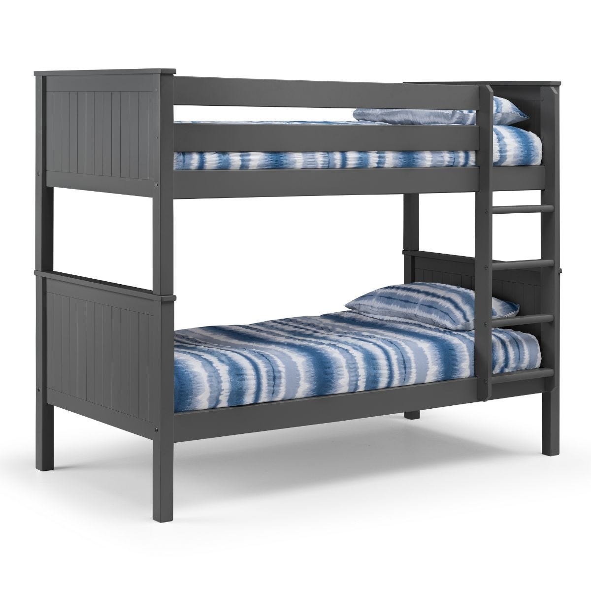 Anthracite-colored wooden bunk bed with a slatted design, featuring two blue and white striped mattresses, a sturdy ladder, and safety rails on both levels.