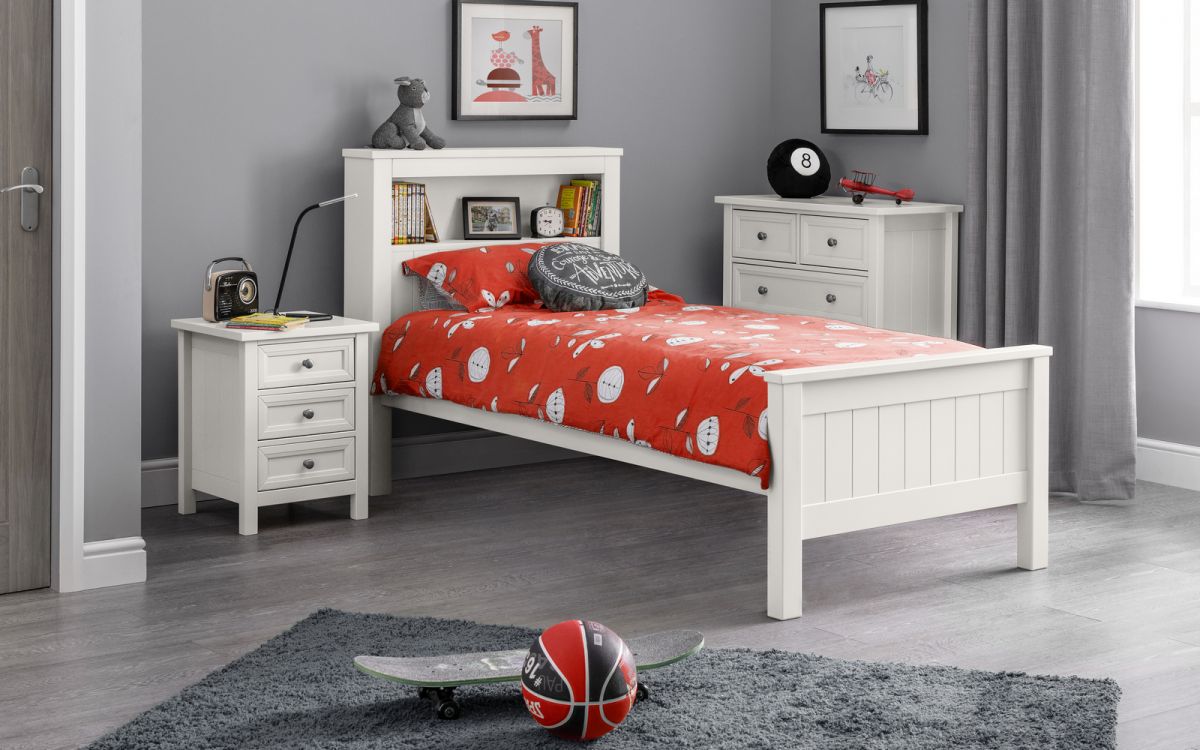 Maine Underbed in Surf White featuring a sleek design, wooden construction, and a clean finish, complementing a red patterned bedding set and surrounding furniture.