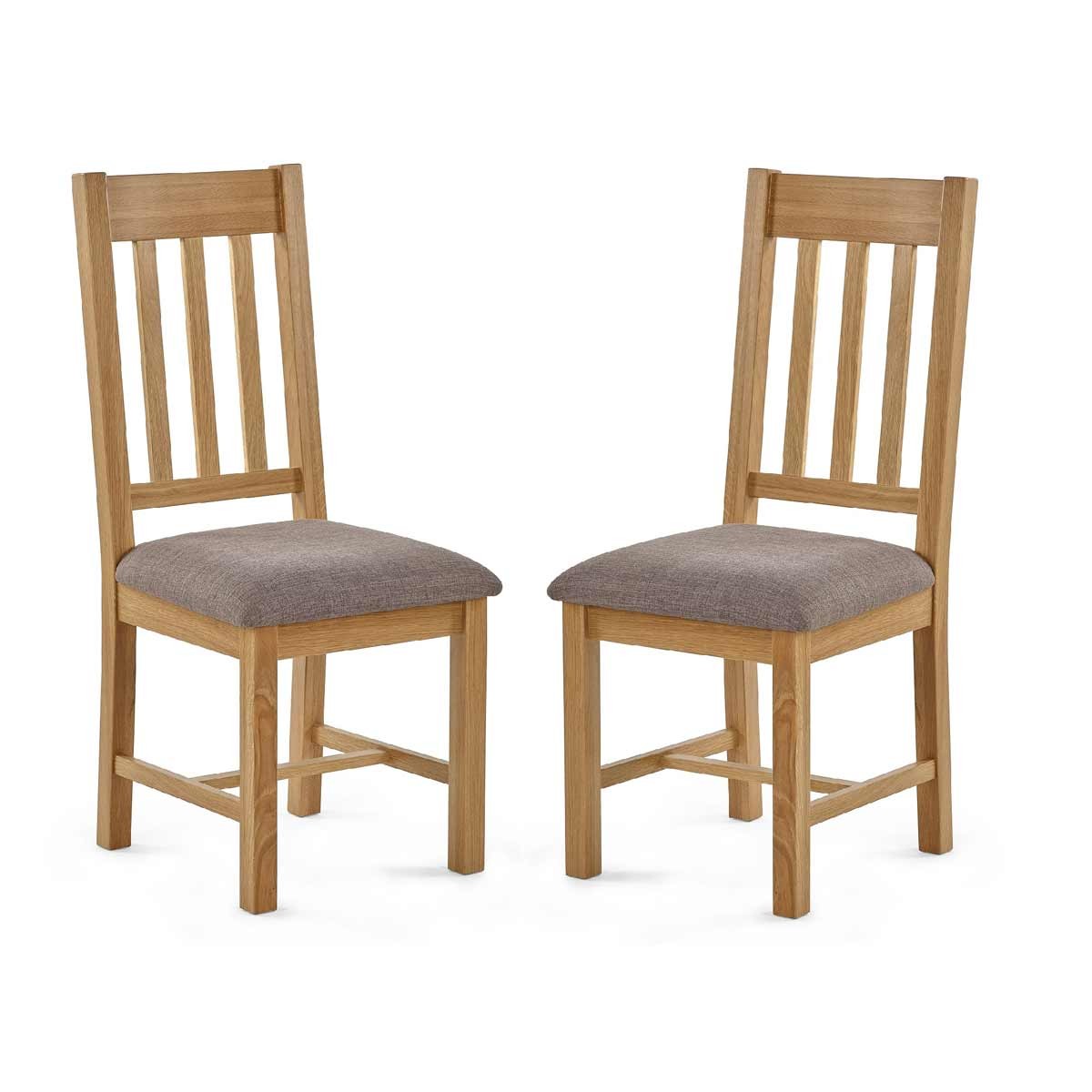 Set of 2 Mallory dining chairs featuring a brown wooden frame with a slatted back design and grey upholstered seats, offering a modern and stylish look.