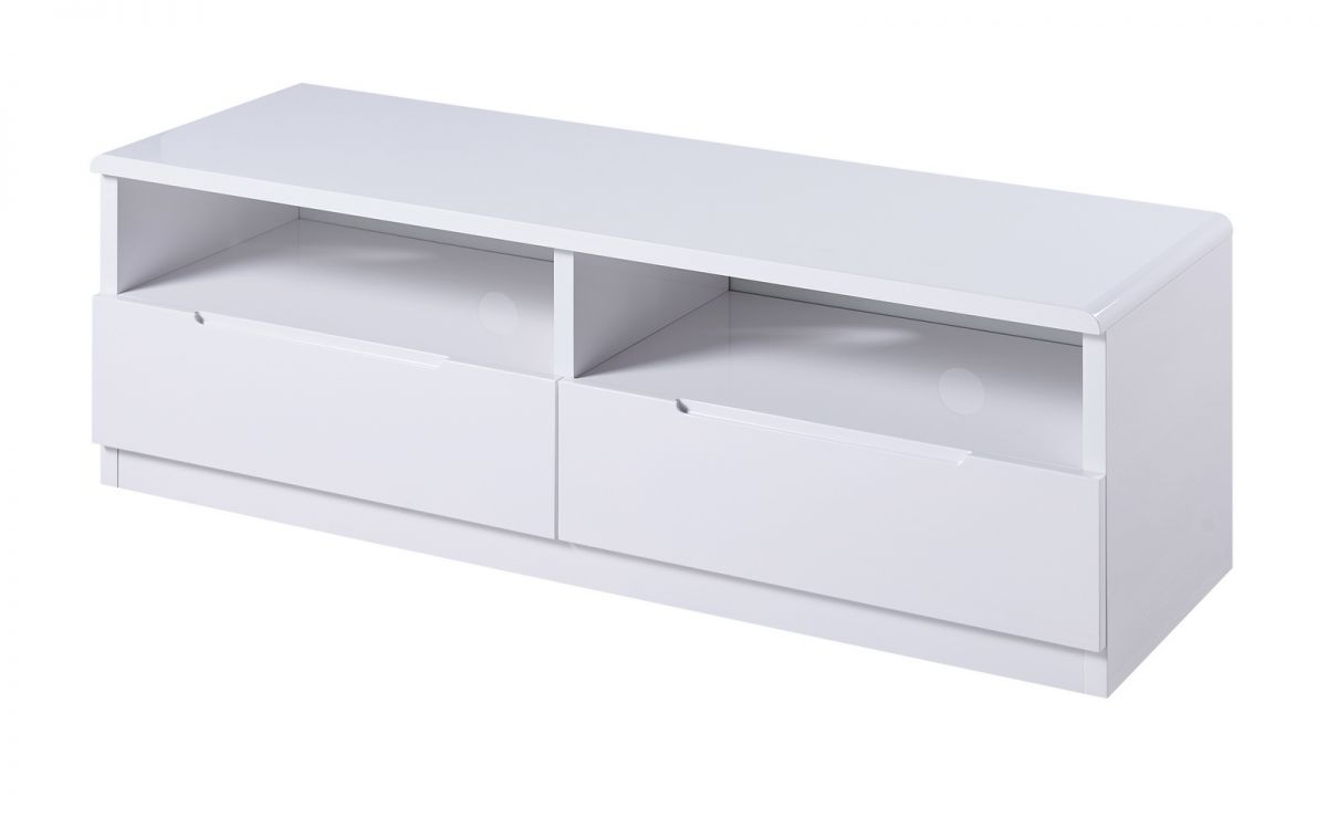 White Manhattan TV unit featuring a sleek design with two spacious drawers and open compartments, made from durable material, measuring 1.3m in length.
