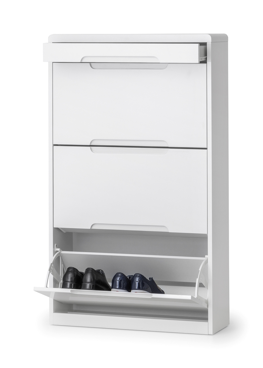 White 1.2m Manhattan shoe cabinet by Julian Bowen features three drawers and a pull-down compartment for shoes, showcasing a sleek, modern design.