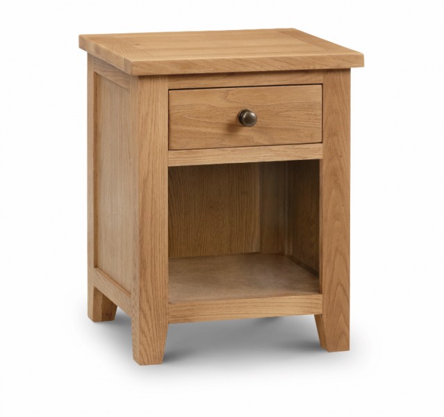 Brown wooden bedside table with a single drawer and an open shelf, featuring a smooth top and sturdy square legs.