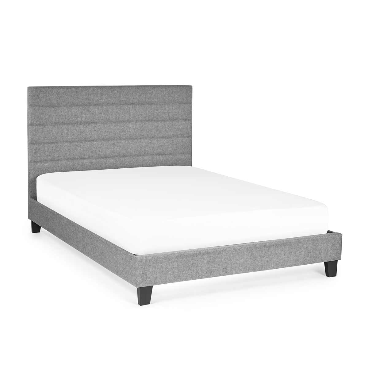 Grey upholstered double bed with a stylish vertical panel headboard, featuring a sturdy frame and tapered black legs, designed for a modern bedroom aesthetic.