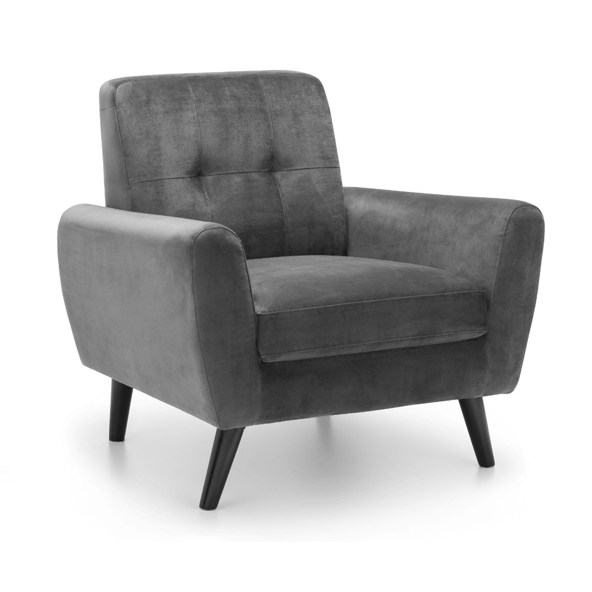 Dark grey velvet Monza Chair featuring a tufted backrest, wide armrests, and sleek black wooden legs, offering a modern and stylish seating option.
