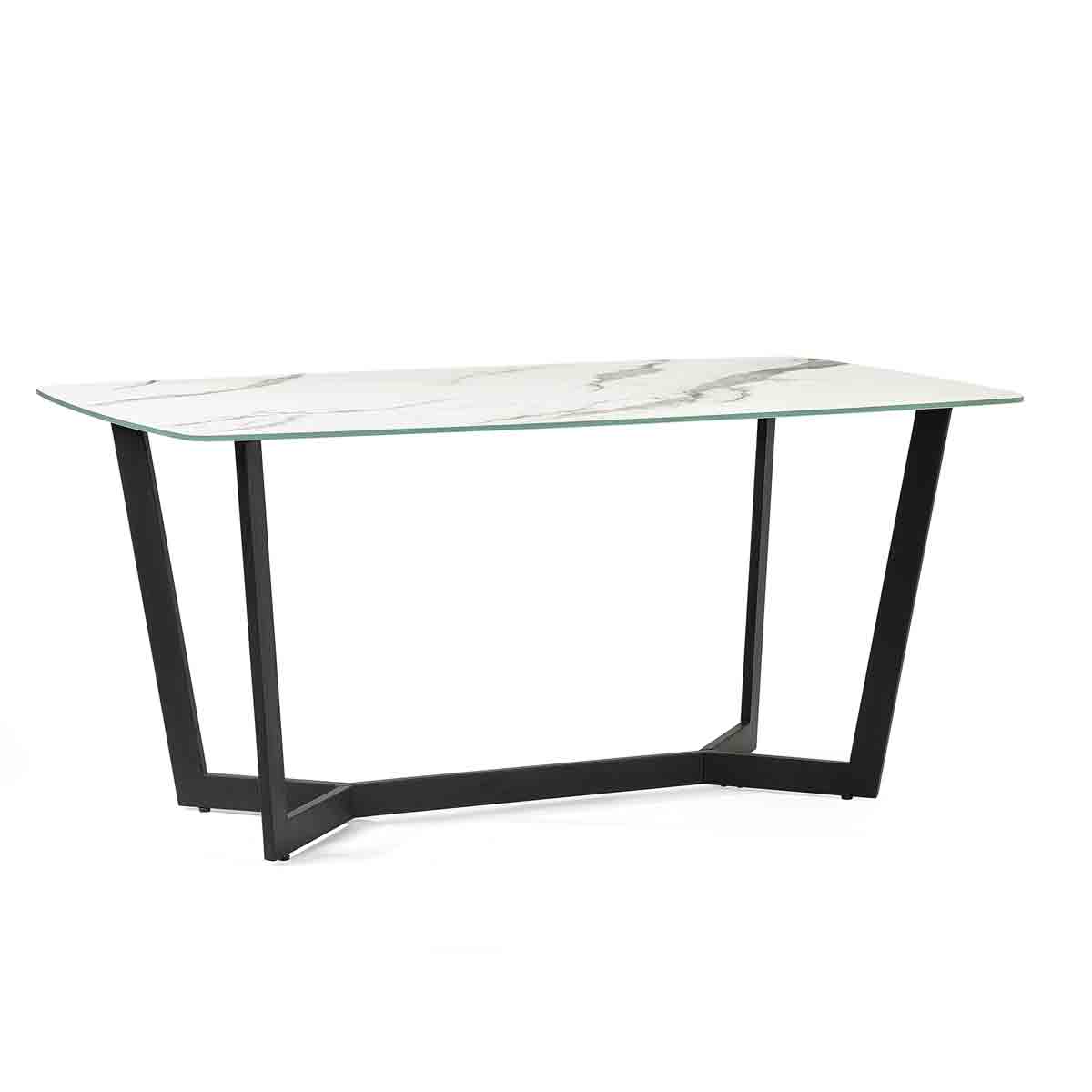 White marble dining table with a sleek glass top and modern black metal legs, featuring an angular design for a contemporary look.