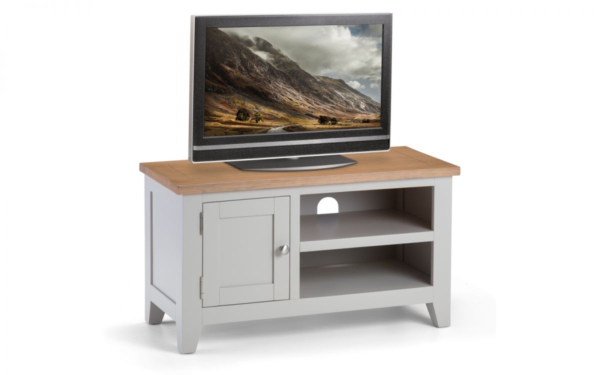 Julian Bowen Richmond TV unit in elephant grey and pale oak, featuring a wooden top, one cabinet door, and two open shelves for storage.