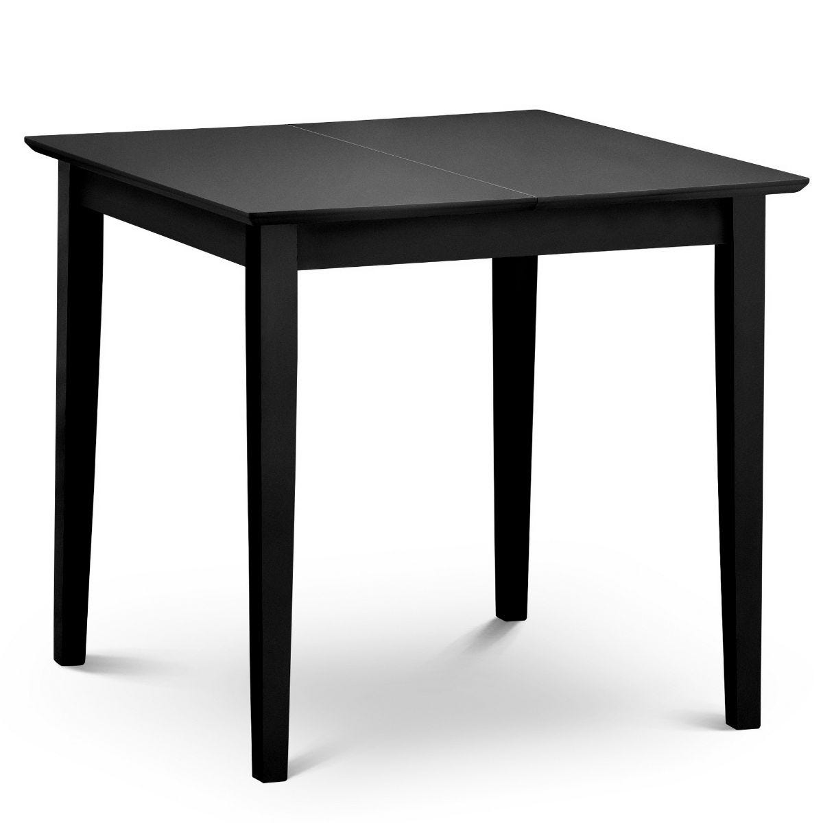 Square dining table in a sleek black finish, featuring a smooth top and sturdy legs, designed for a modern aesthetic and versatile use in dining spaces.