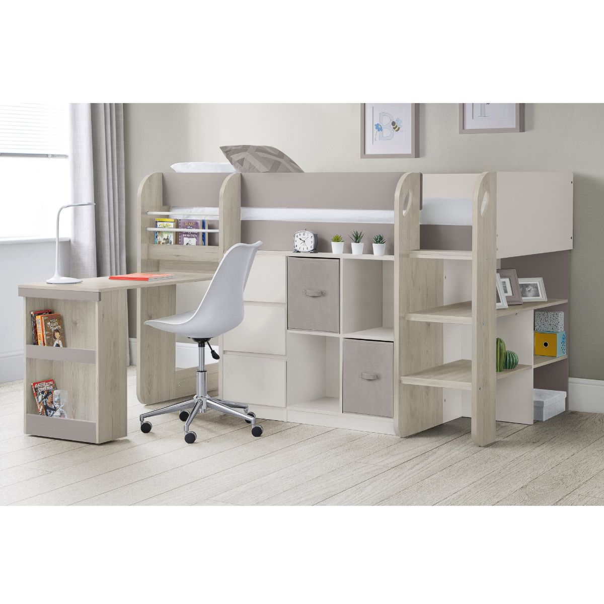 Taupe midsleeper bed with a built-in desk, shelving, and storage units, featuring a modern design and a combination of wood and laminate materials.