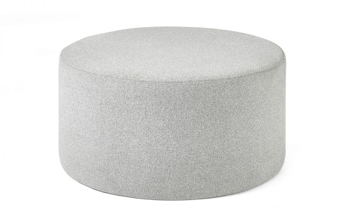 Grey, round footstool with a soft fabric covering, featuring a minimalist design and a sturdy structure, perfect for adding comfort and style to any living space.