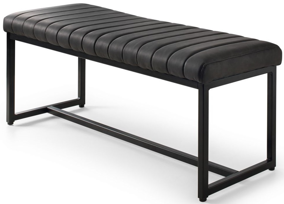 Black faux leather upholstered bench with vertical ribbing, supported by a sleek black metal frame, featuring a minimalist design ideal for modern interiors.