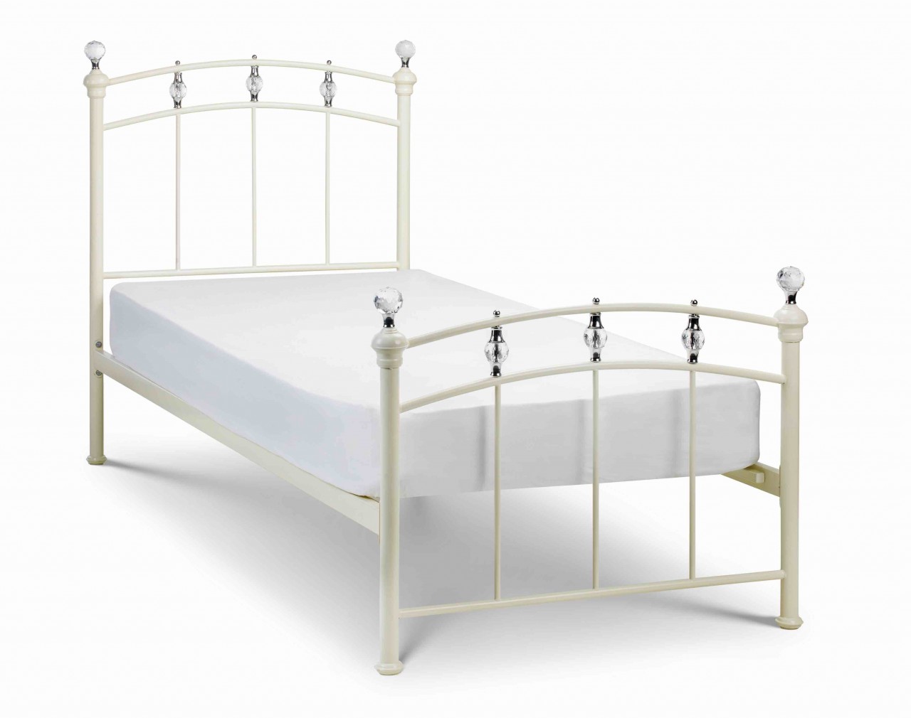 Single white metal bed frame with crystal finials and a minimalist design, featuring a slatted headboard and footboard, complemented by a plain mattress.